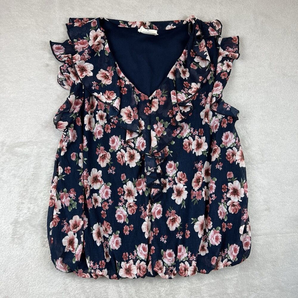 EMBER Women’s Floral Ruffle Sleeveless Blouse Size M Navy Pink Top